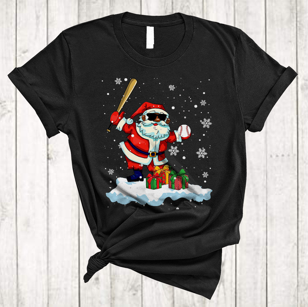 Santa Playing Baseball Cute Christmas Black Proud Afro African Santa Baseball Player Lover T-Shirt