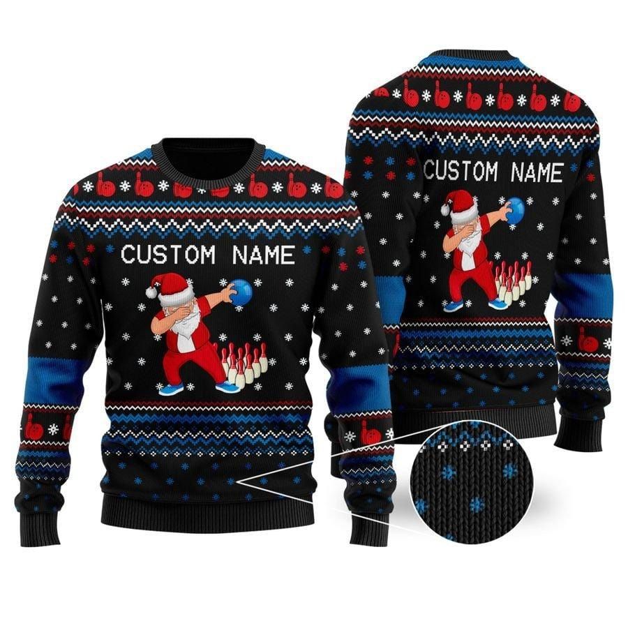 Bowling Santa Claus Dabbing Custom Name Ugly Sweater