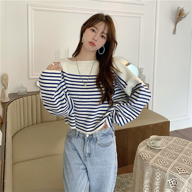 Blue Striped Stitching Sweater Women’s Spring and Autumn 2022 New Loose Knitted Round Neck Long-sleeved Pullover Top Female alx