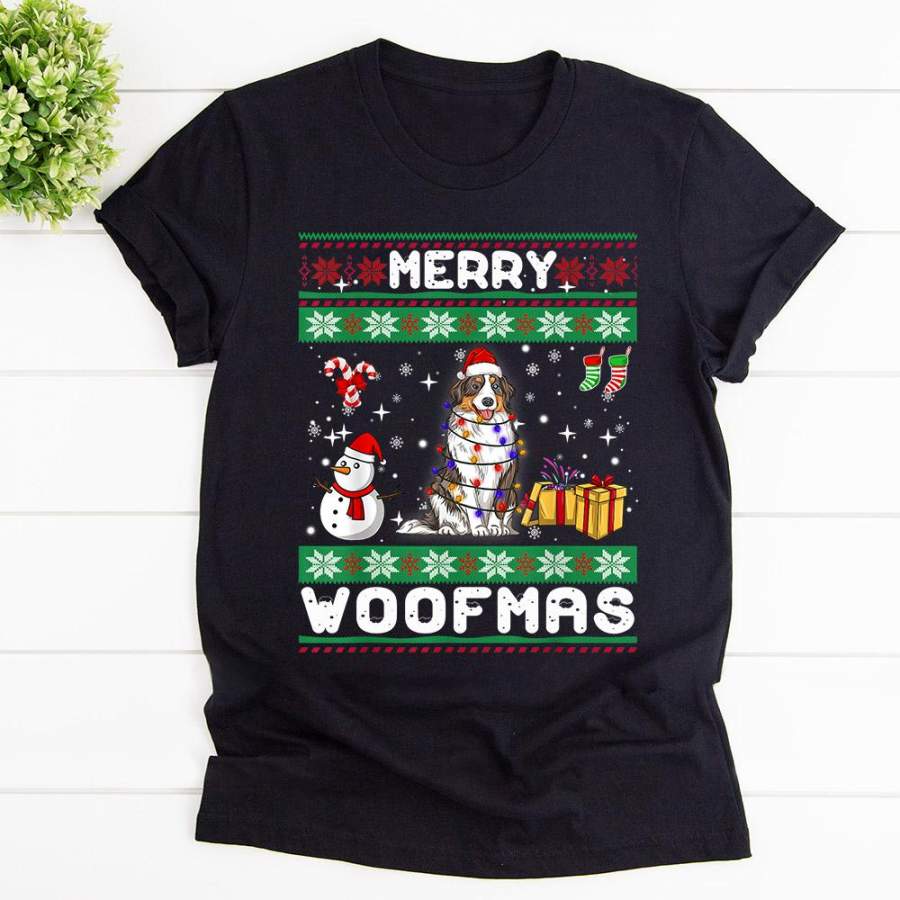 Australian shepherd merry woofmas christmas dog light santa hat snowman candy cane black cotton t shirt for men and women S-6XL