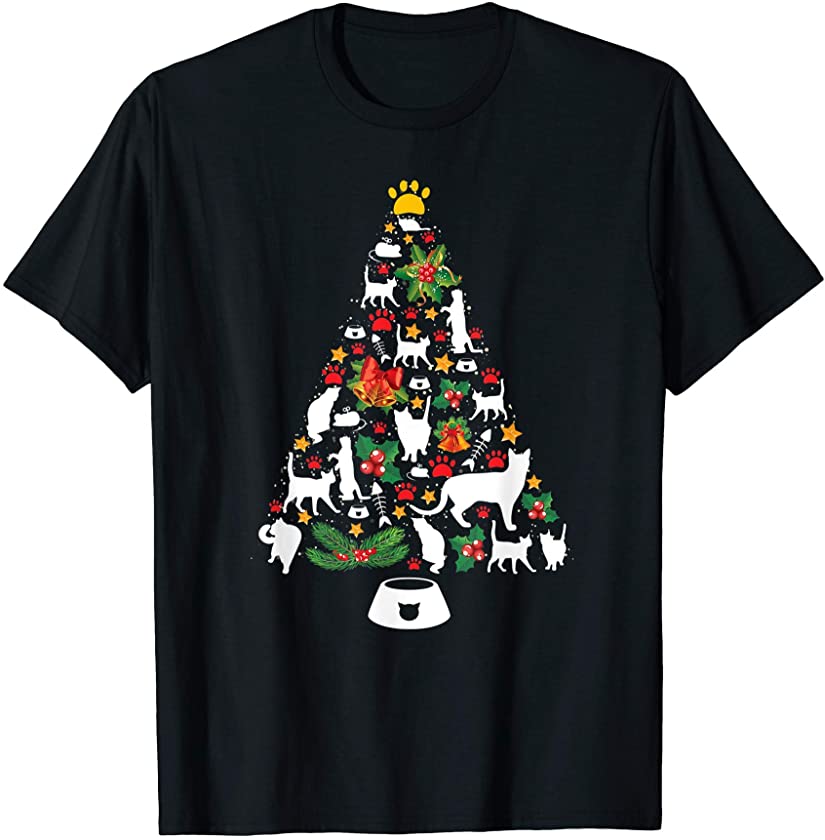 Meowy Cat Christmas Tree Shirt Cute Kitty Kitten Xmas Lights T-Shirt