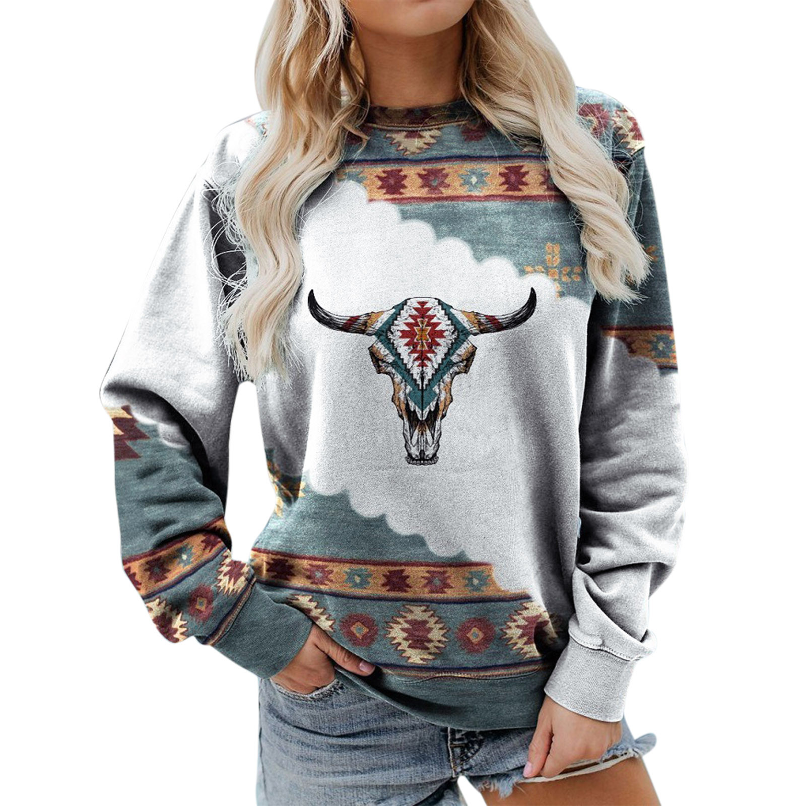 Women Crewneck Sweatshirts Geometric Printed Patchwork Long Sleeve Casual Ethnic Folk Pullover Female Blouse Tops Sudadera Mujer alx