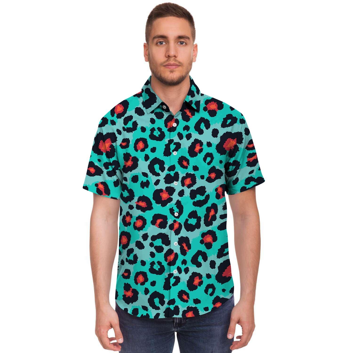 Teal Leopard Men’S Short Sleeve Shirt