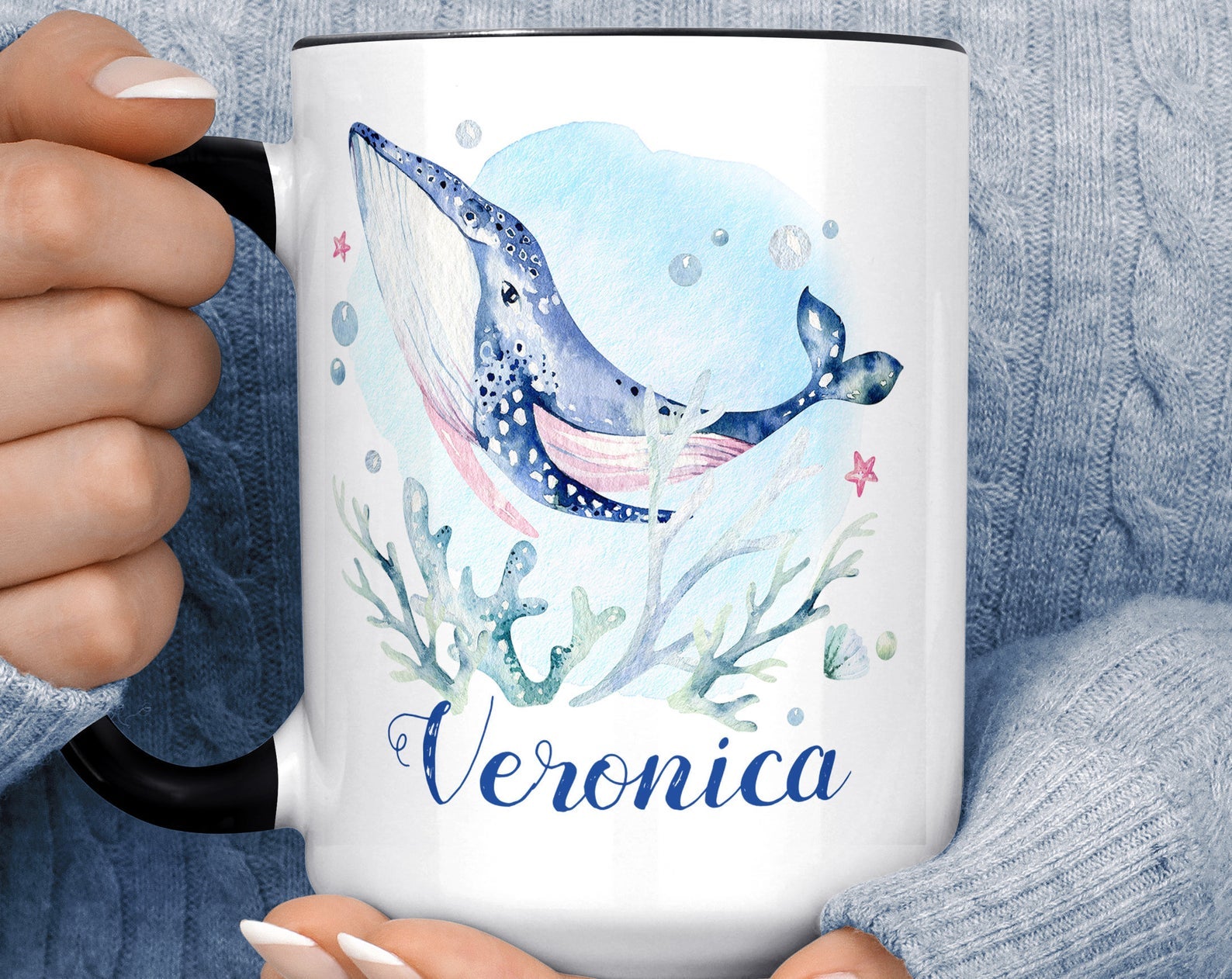 Personalized Name Pretty Blue Whale Nautical Sea Beach Wedding Inner Color Accent Mug 11Oz Coffee Tea Cup