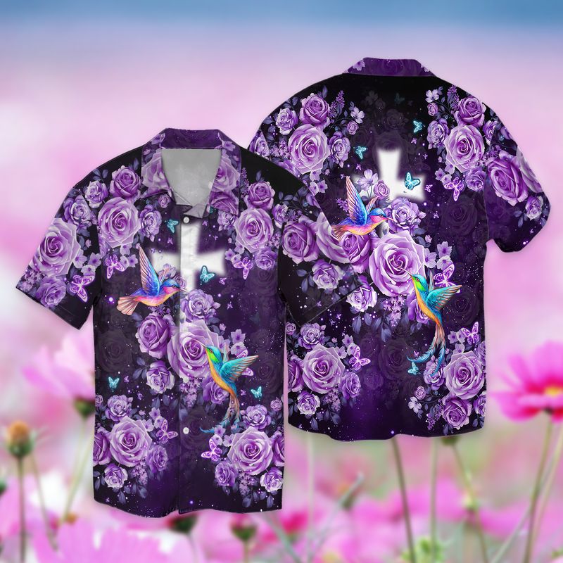 Purple Roses And Colorful Humming Birds Full Print Hawaii Shirt Ha42260