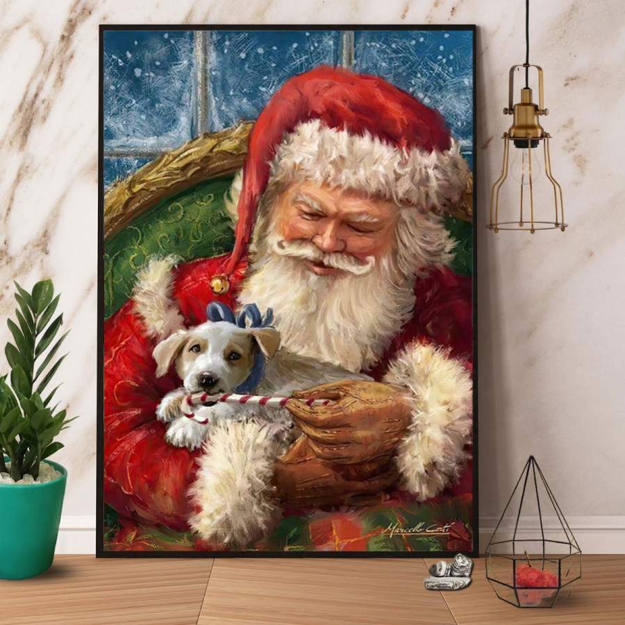 Santa Hug Puppy Merry Christmas Dog Eat Candy Cane Winter Happy Vertical Wall Art Canvas Christmas Gift Ideas