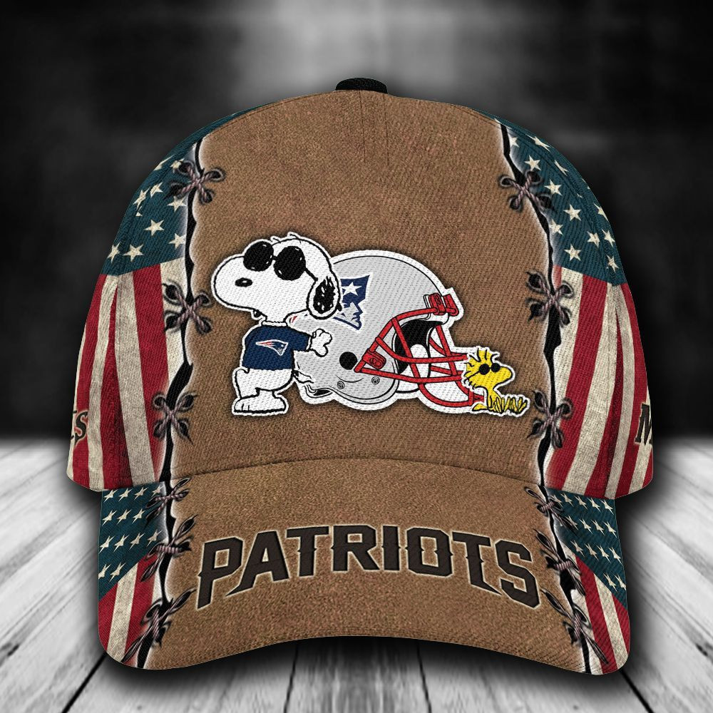 Personalized New England Patriots Snoopy Woodstock American Flag All Over Print 3D Baseball Cap – Brown