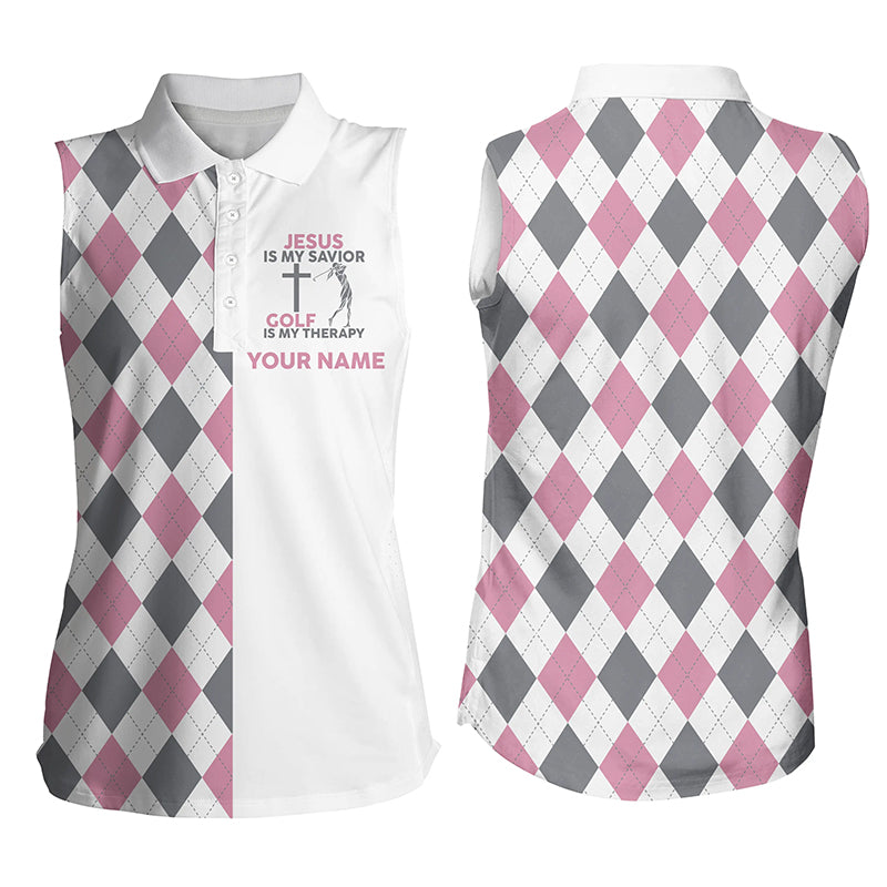 Women Sleeveless Polo Shirt Jesus Is My Savior Golf Is My Therapy Custom Pink Argyle Ladies Golf Tops