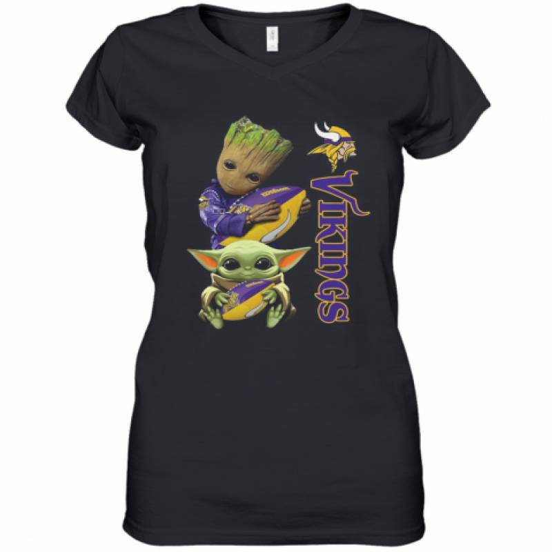 Baby Groot And Yoda Hug Minnesota Vikings Women's V-Neck T-Shirt