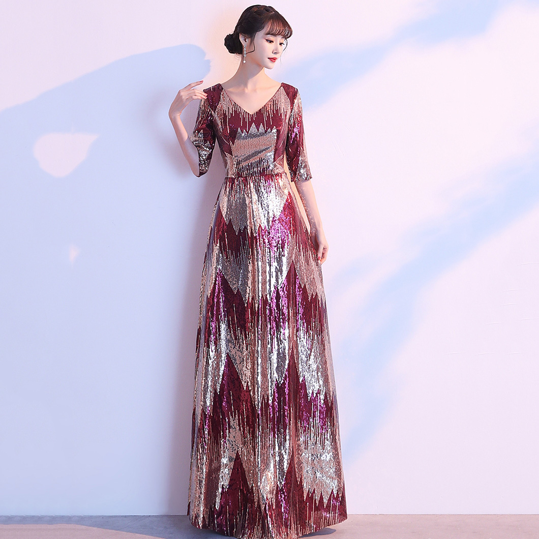 wei yin AE0382 Long Evening Dress Elegant Robe De Soiree Zipper Women Party Dresses Plus Size V Neck Sequin Formal Gowns alx