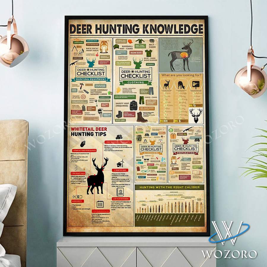 Wozoro Poster Deer Hunting Knowledge Include Hunting Checklist And Whitetail Deer Hunting Tips Size 11×17, 16×24, 24×36 inch