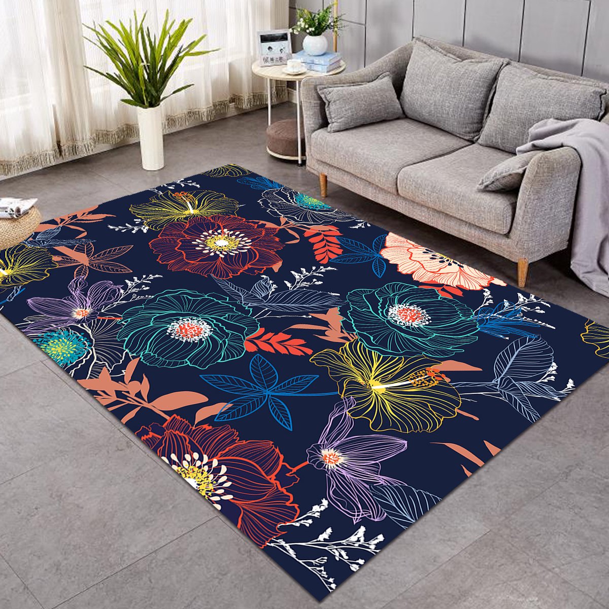 Lined Flowers Dark Blue SW0643 Rug