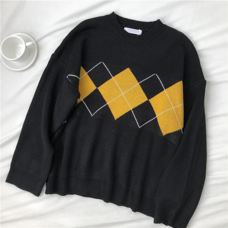 Women Argyle Knitted Sweater Autumn Winter O-Neck Oversized Pullovers Korean Preppy Style Loose Jumper Female Casual Sweaters alx