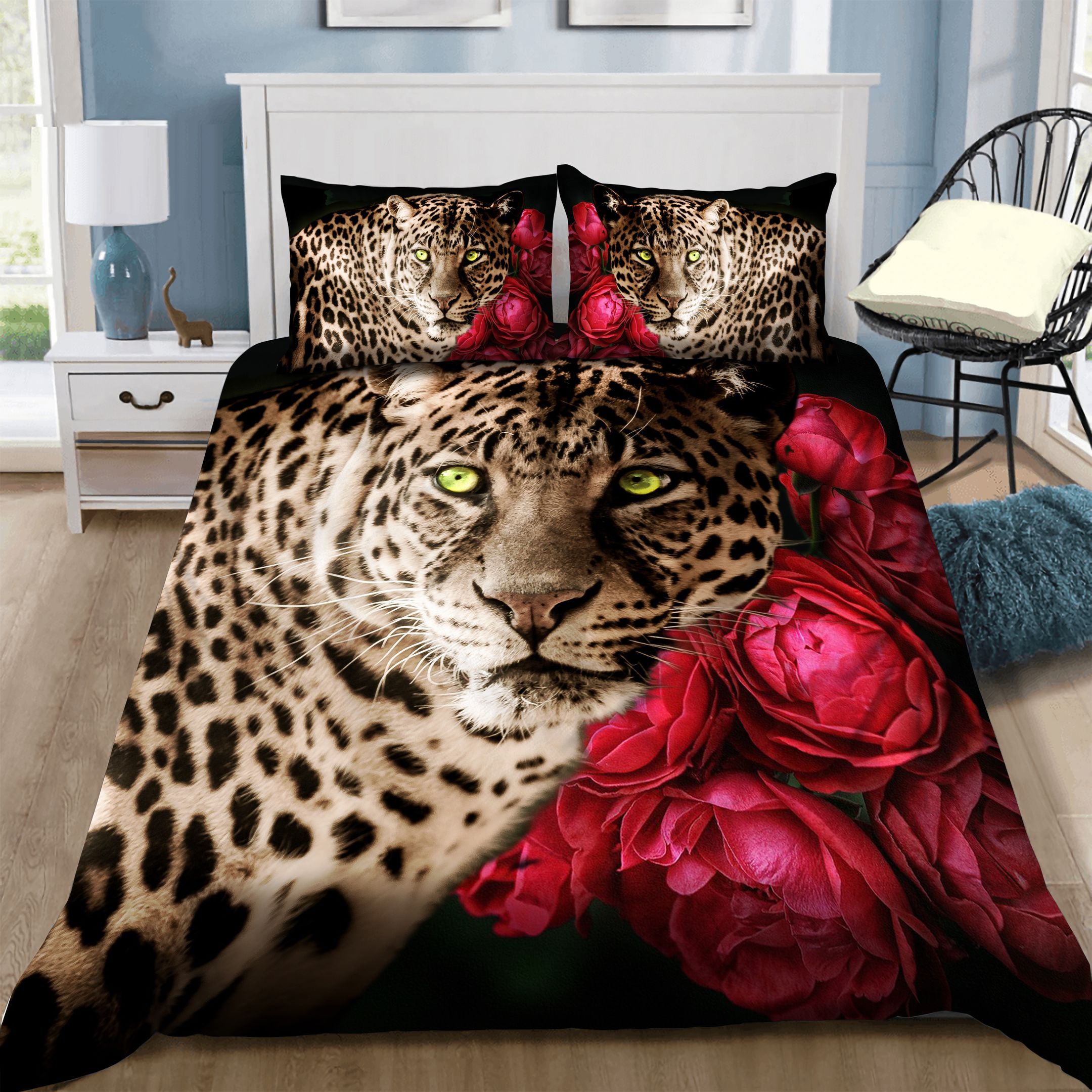 3D Leopard Roses Cotton Bed Sheets Spread Comforter Duvet Cover Bedding Sets