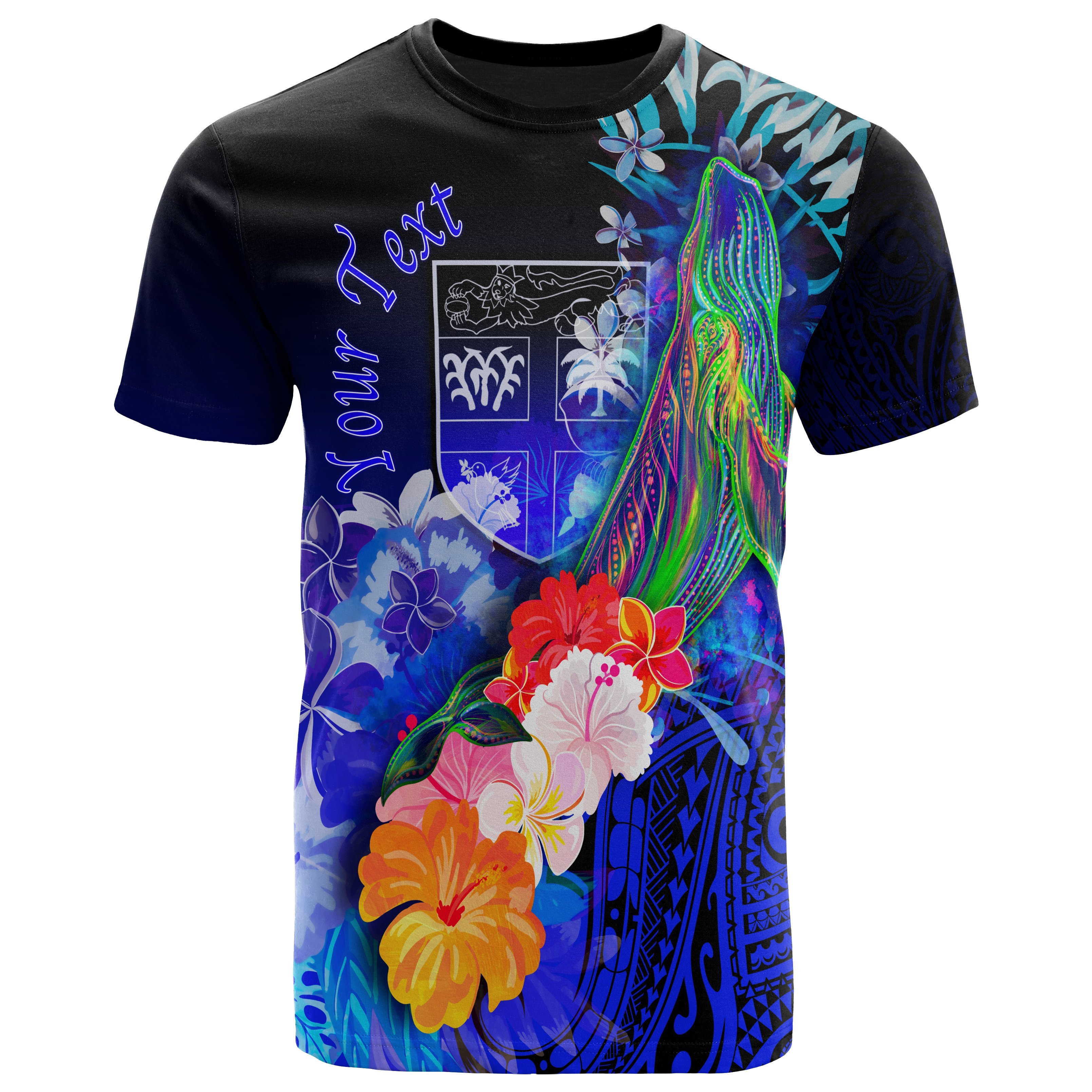 FIJI Personalised T-Shirts – Humpback Whale with Tropical Flowers (Blue)- BN18