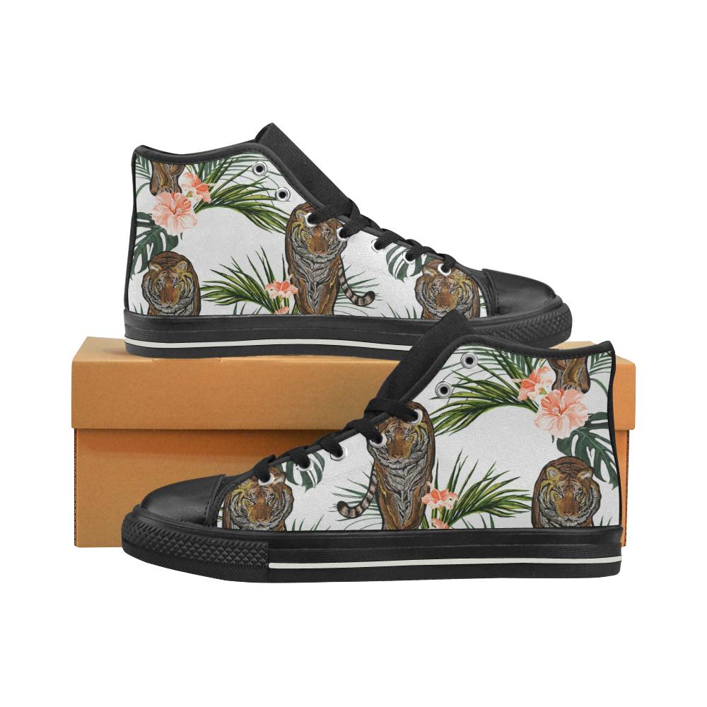 Bengal Tiger Hibicus Pattern Women’s High Top Shoes Black