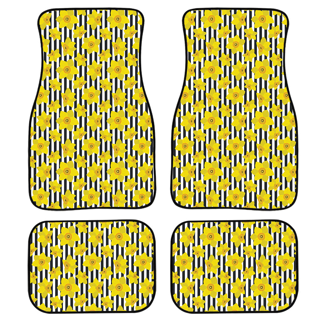 Black Striped Daffodil Pattern Print Front And Back Car Floor Mats, Front Car Mat