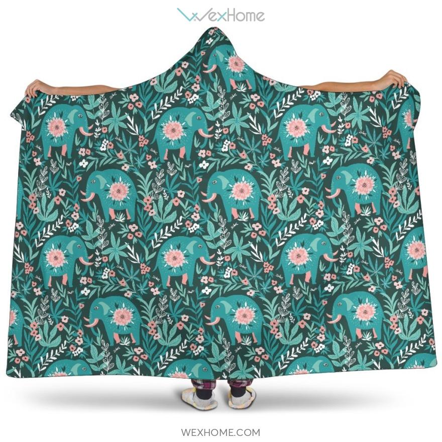 Elephants Jungle Pattern Hooded Blanket