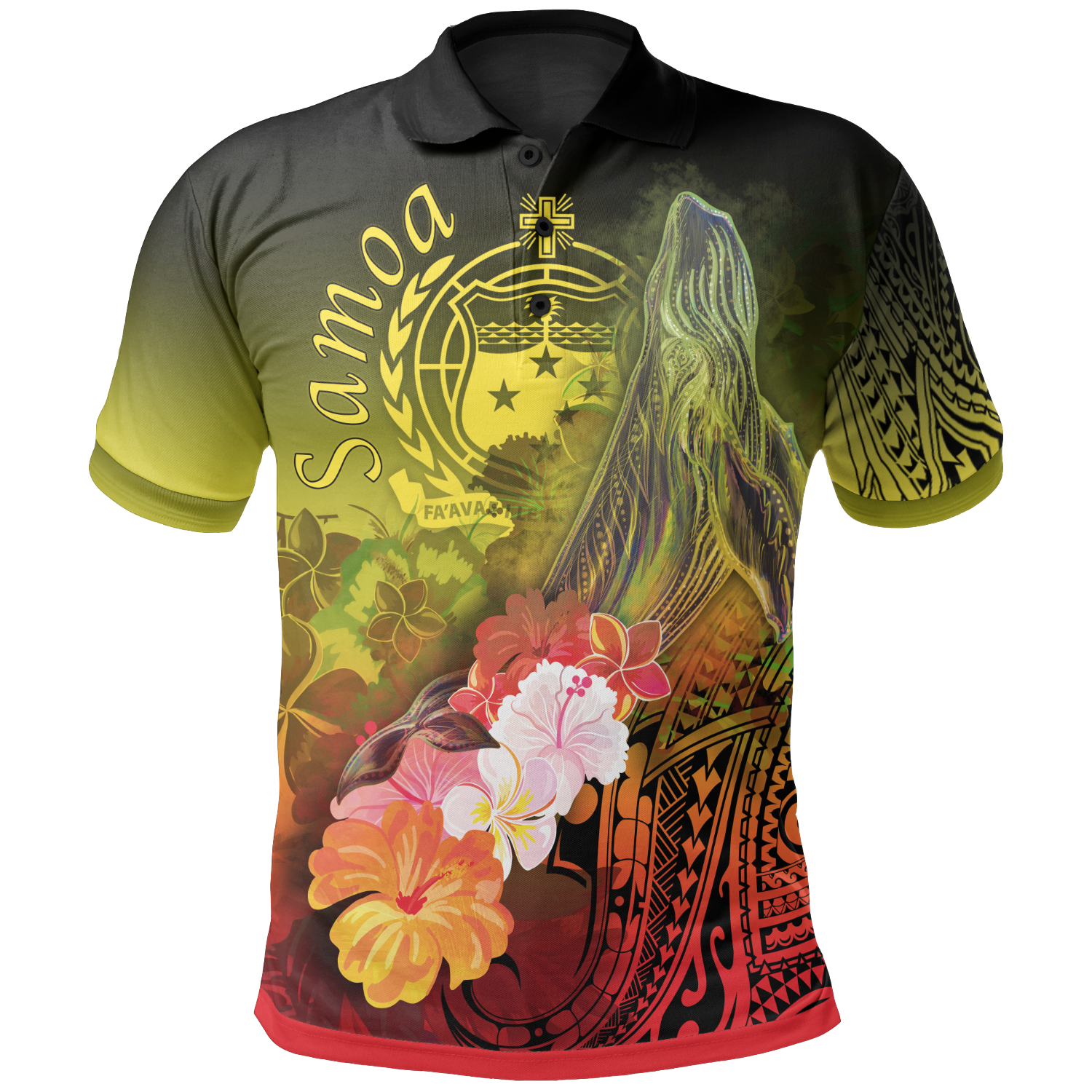 Samoa Polo Shirts – Humpback Whale with Tropical Flowers (Yellow)- BN18