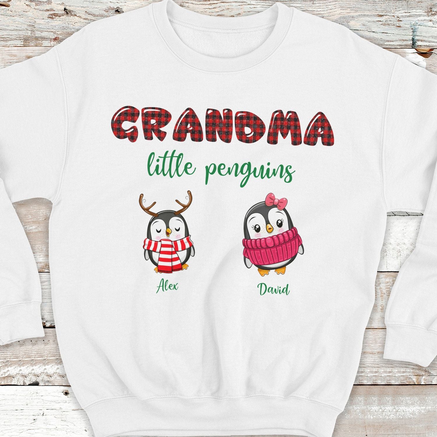 Personalized Sweatshirt & Hoodie Grandma Little Penguins Cute Penguin Printed Plaid Design Custom Grandkids Name