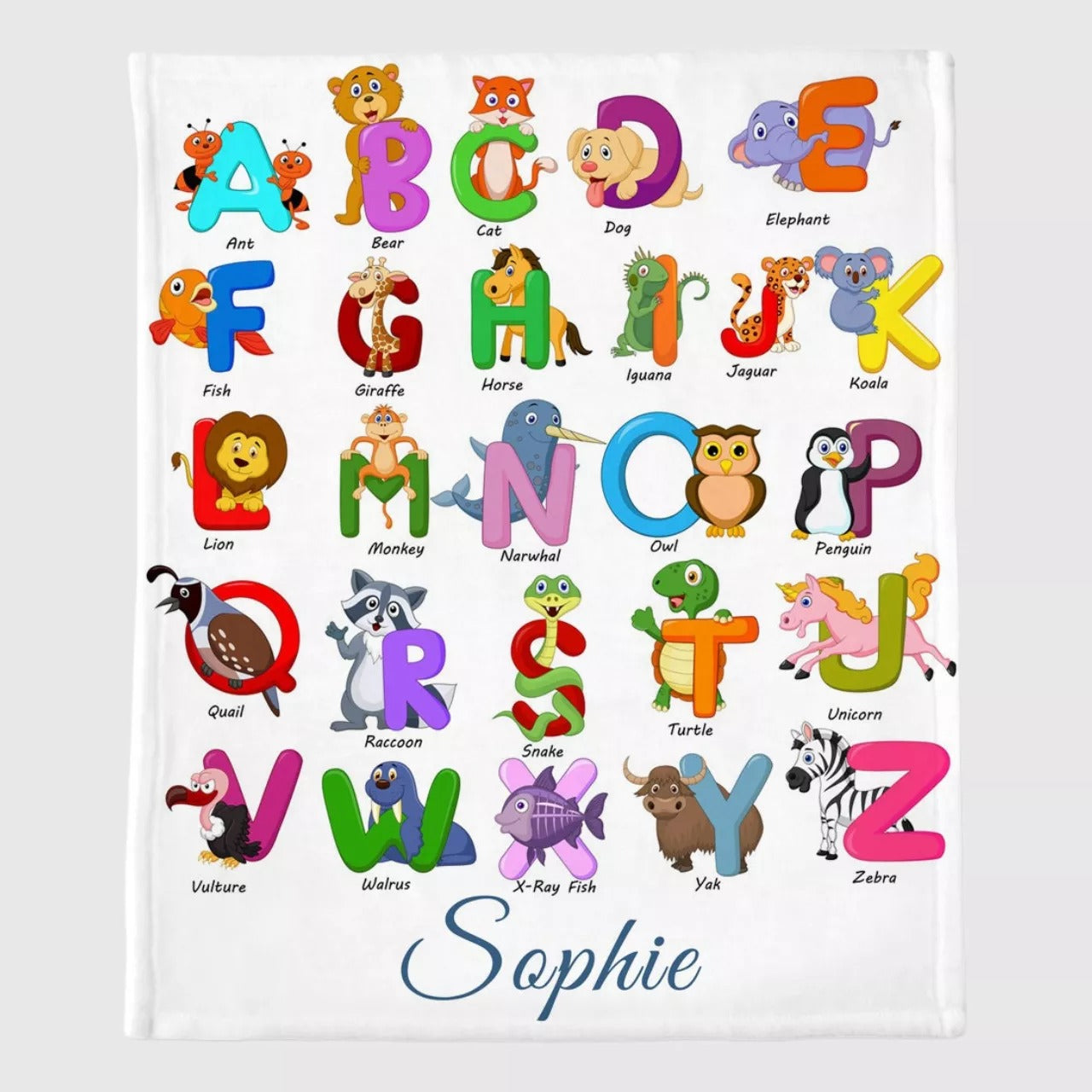 Personalized Alphabet Baby Blanket, Gift For Kid Throw Fleece Sherpa Warm Blanket, Animal Abc Blanket, Gift For Kids