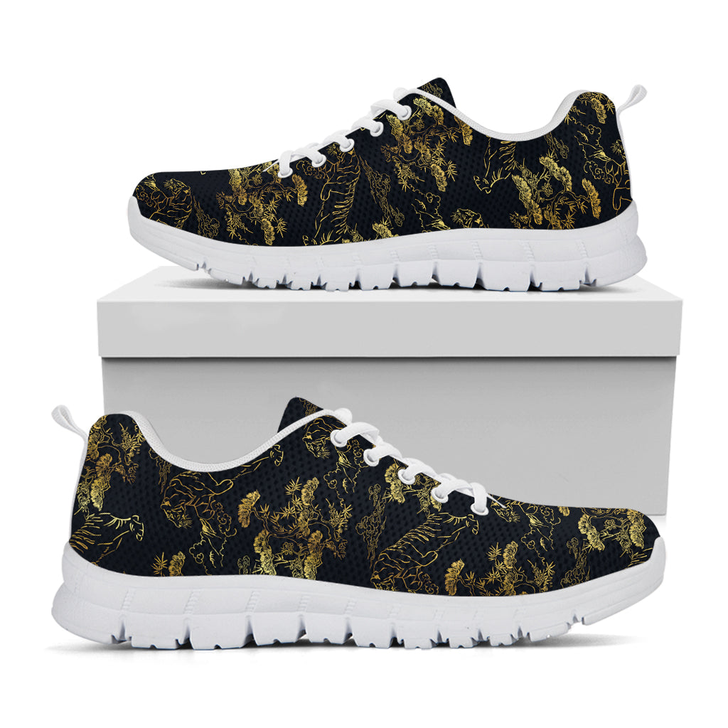 Black And Gold Japanese Tiger Print White Sneakers