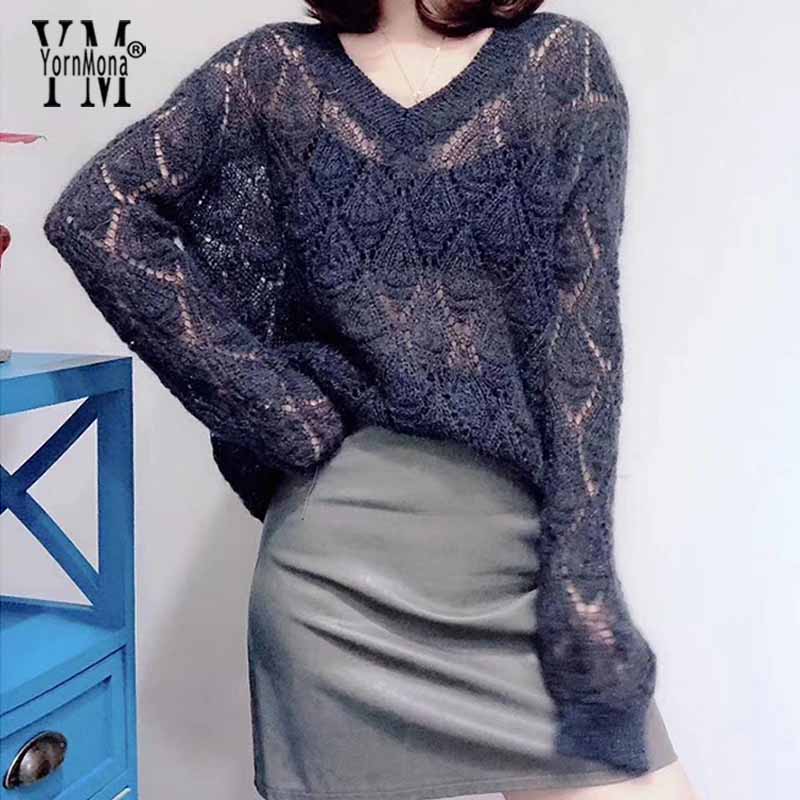 YornMona Ins Fashion Hollow Out Mohair Sweaters 2020 Early Autumn V-neck Knitted Pullover Tops Streetwear Elegant Ladies Sweater alx