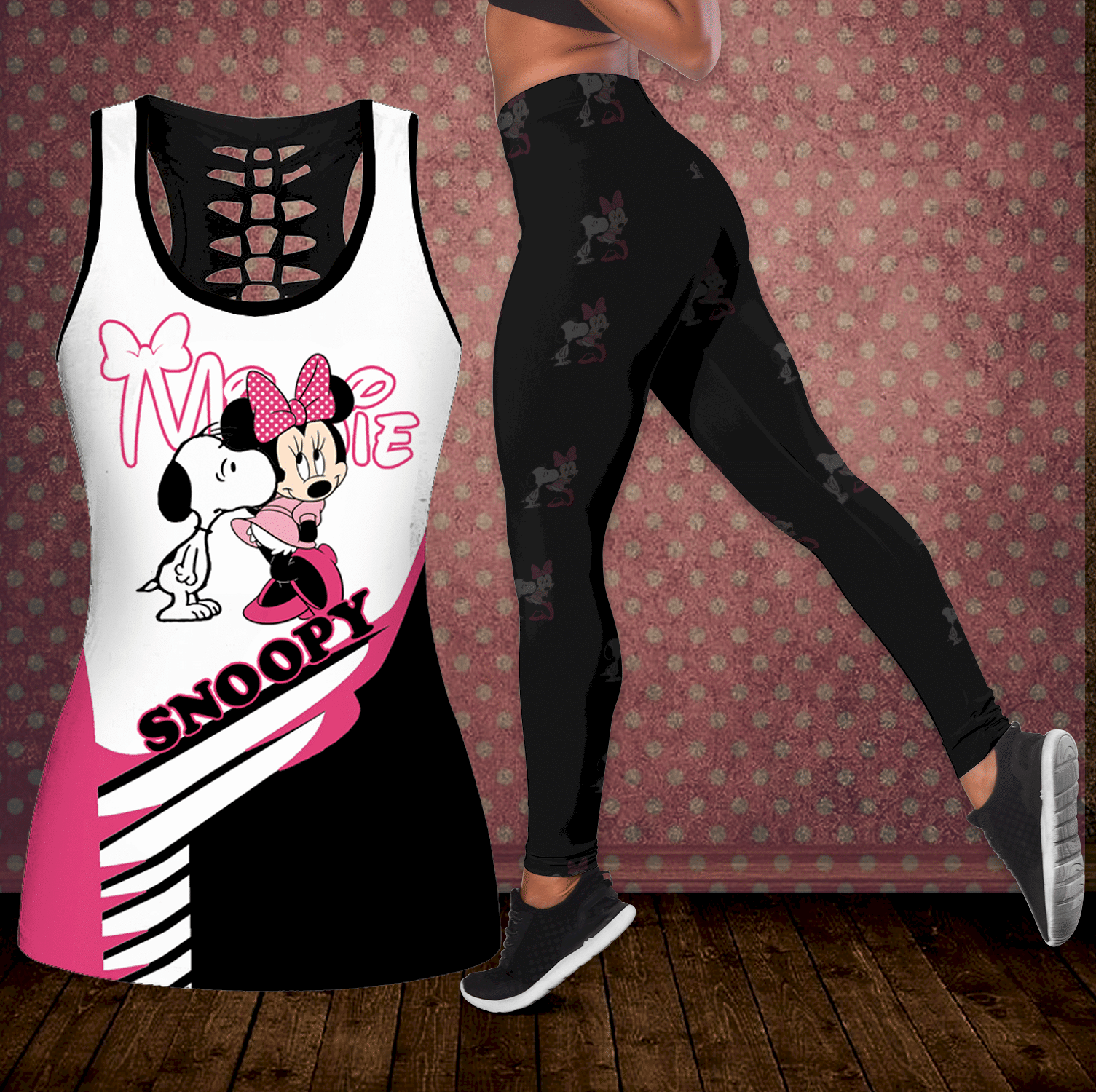 Combo Snoopy And Minnie Mouse Hollow Tanktop Leggings Set Outfit K2043