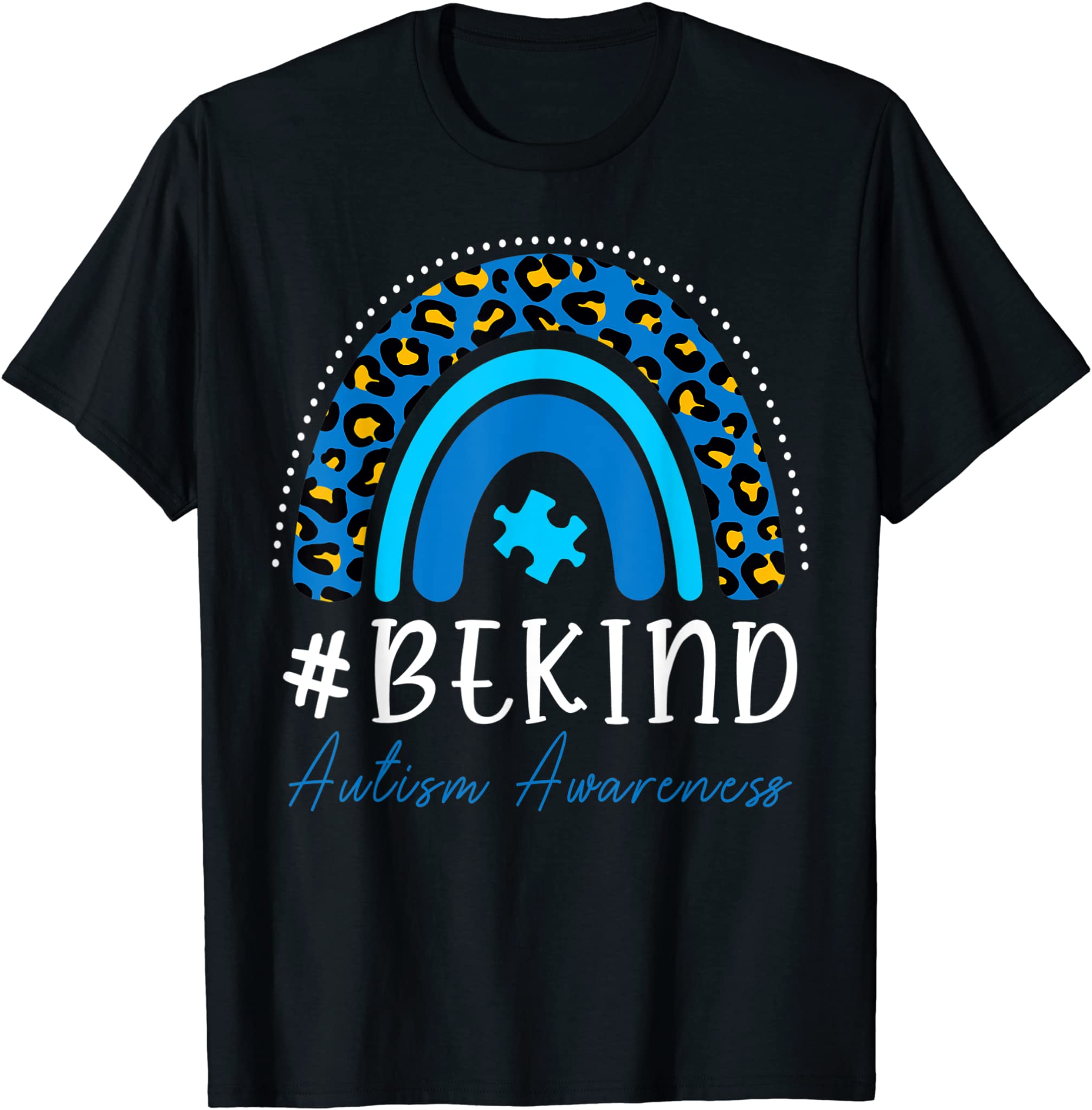 Be Kind Autism Awareness Women Girls Leopard Rainbow Print T-Shirt