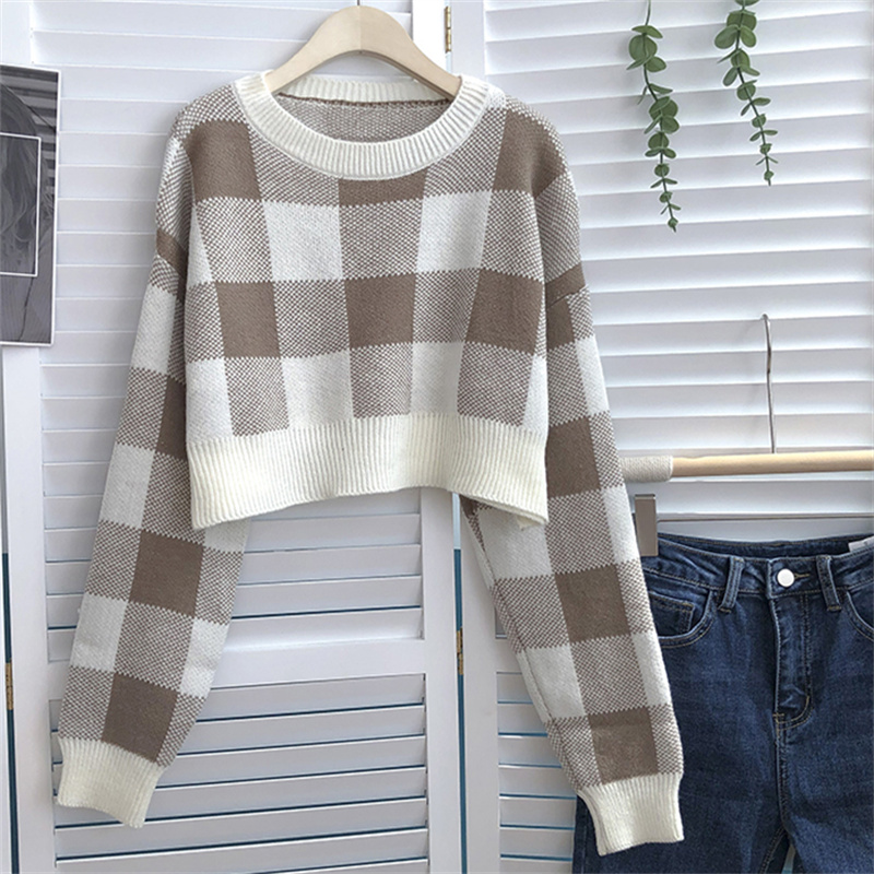 Yitimoky Plaid Sweater Women Cropped Pullover Fall Winter 2022 Long Sleeve Knitted Warm Tops O-Neck Korean Fashion Y2k Clothes alx