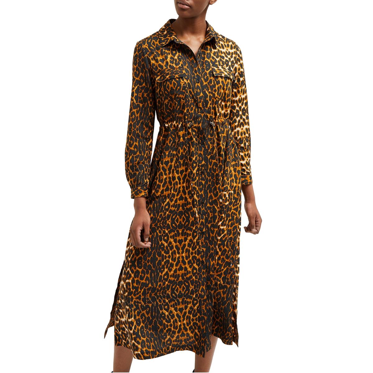 Womens Animal Print Tie Waist Shirtdress