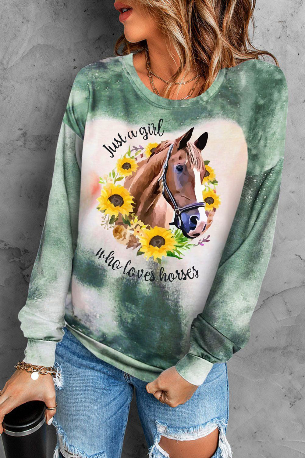 Western Horse Green Tie Dye Animal Casual T-Shirt