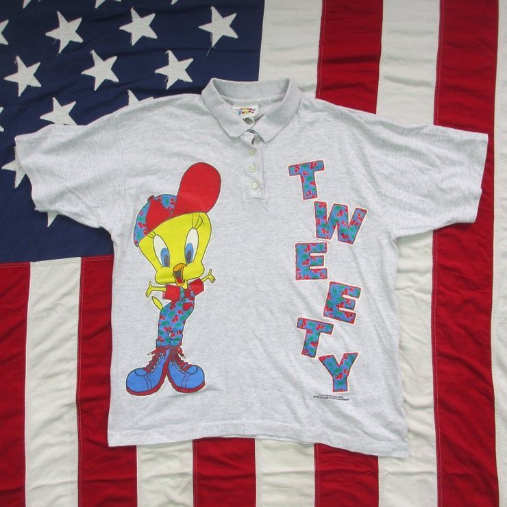 Vintage 1990 S Tweety Bird Warner Brothers Looney Tunes Polo Graphic Cartoon Sun Sportswear Shirt