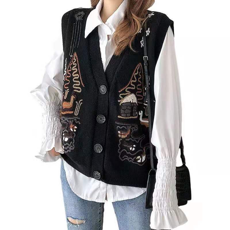 Sweater Vests Women Females S-3XL Embroidery V-Neck Sweet Loose Fashion Korean Style All-match Sleeveless Ladies Clothing New alx