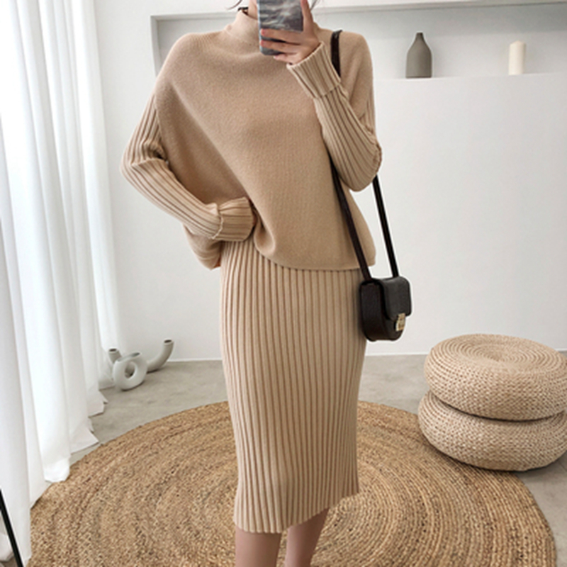 2021 New Autumn Winter Women’s Outfits Fashion Knitted Sweater Two Piece Set Short Pullover Vest Top + Long Sleeve Dress Suits alx