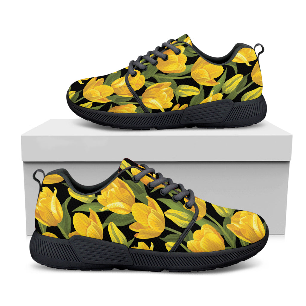 Yellow Tulip Pattern Print Black Athletic Shoes