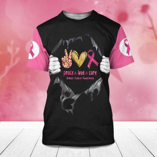 Peace Love Cure Breast Cancer Awareness Peace Hand Sign Heart And Pink Ribbon Breast Cancer 3D Clothes