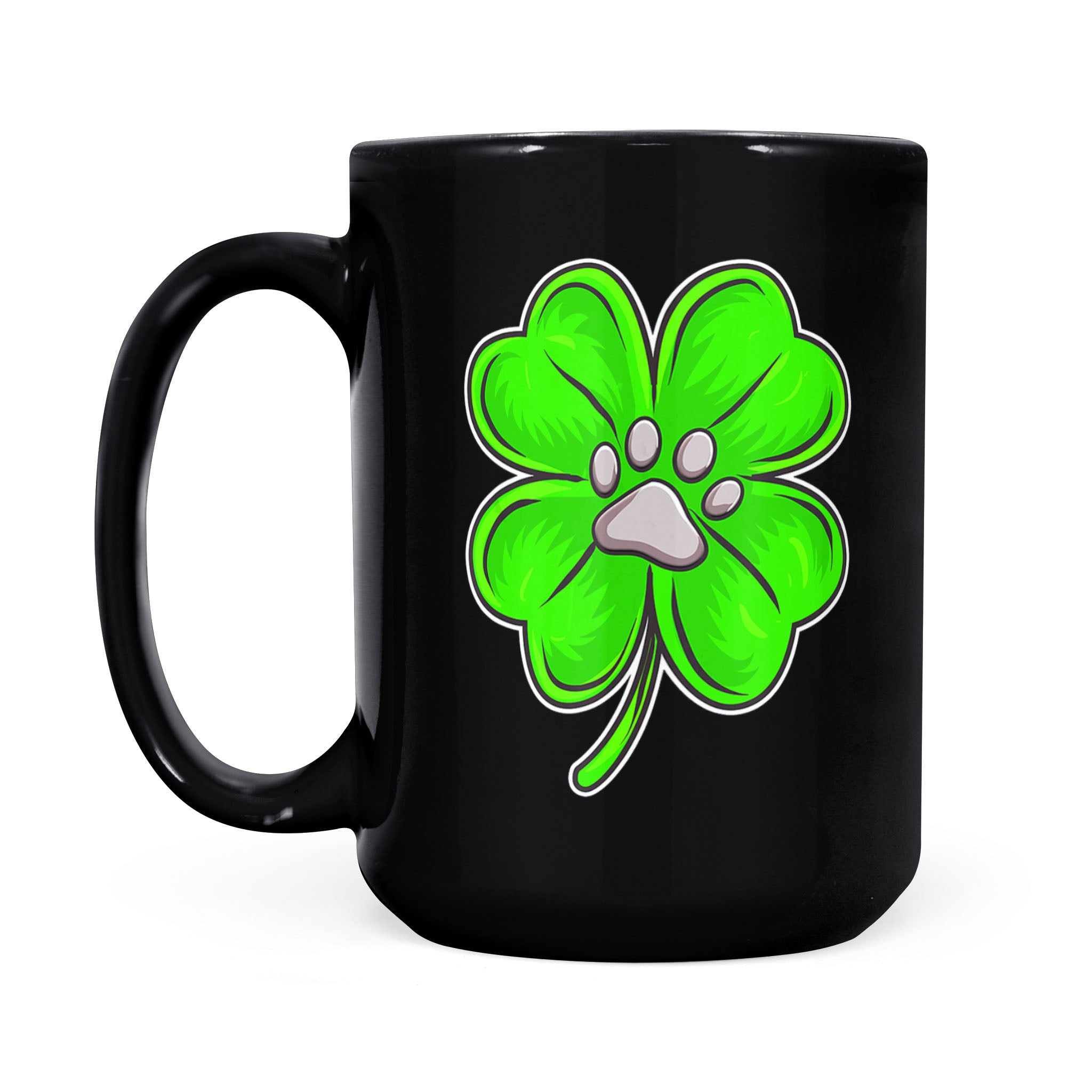 4 Leaf Clover Puppy Paw Shamrock St Patricks Day – Black Mug