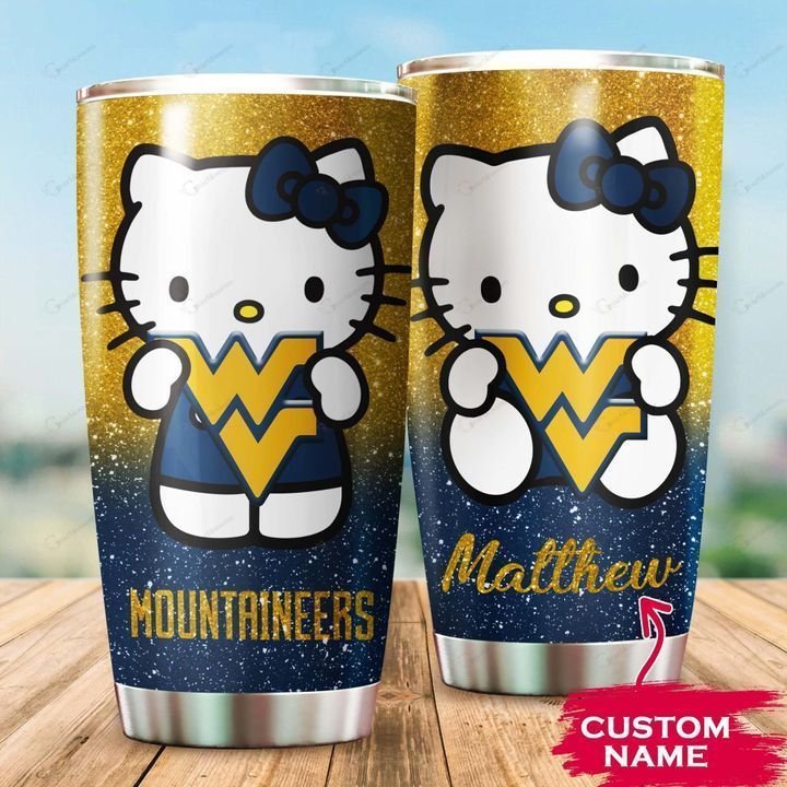 West Virginia Mountaineers Hello Kitty Custom Name Football 1234 Gift For Lover Day Travel Tumbler All Over Print Tl97