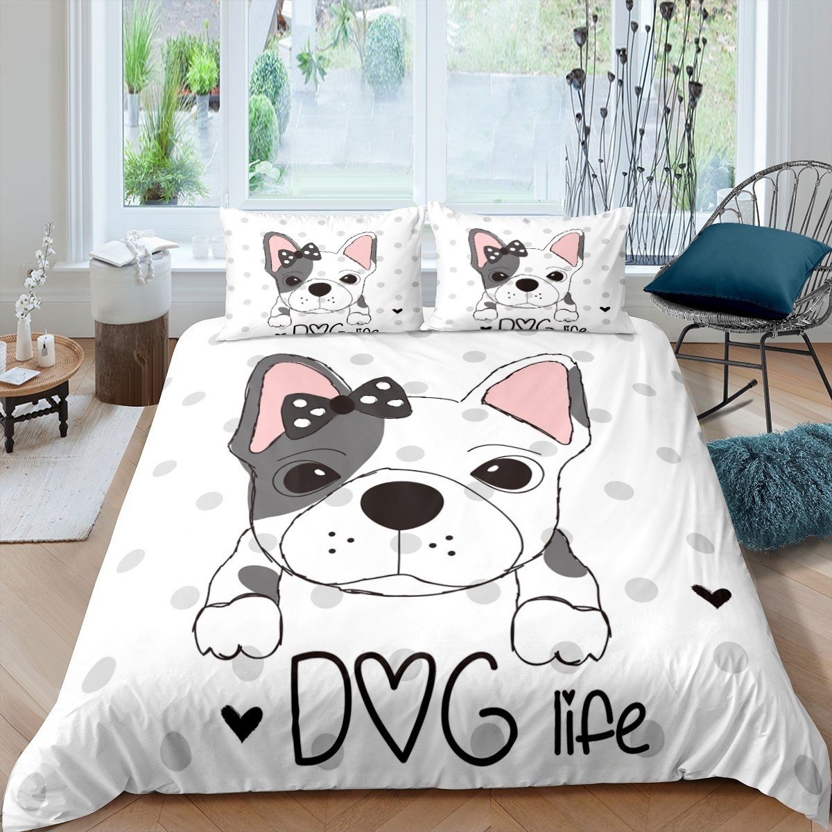 Puppy Dog Duvet Cover Set Kids Boys Girls Cartoon Pug Dog Bedding Set 3D Dog Print Comforter Cover Cute Animal Grey Dots Bedspread Cover,Room Decor 2/3Pcs Bedding