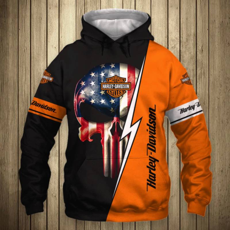 Harley Davidson Punisher Skull American Flag 3D Hoodie, Zip Hoodie ...