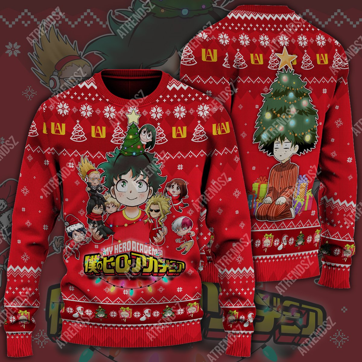 Unifinz My Hero Academia Sweater Christmas Tree Midoriya Izuku Red Funny Ugly Sweater 2022