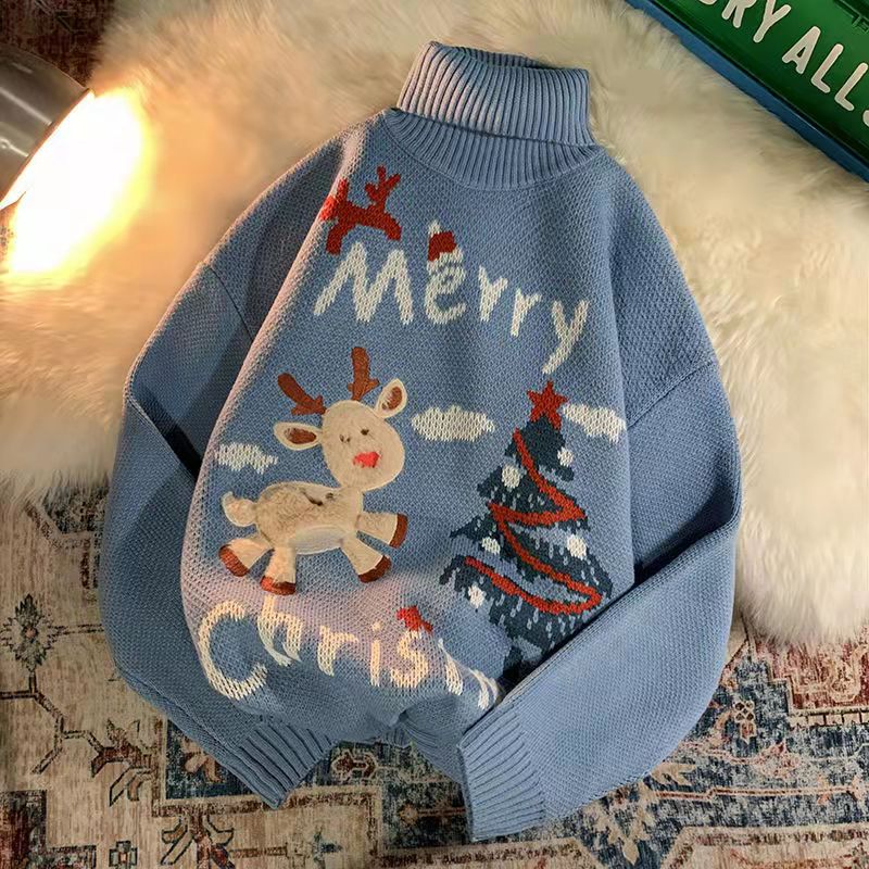 2022 Merry Christmas Letter Cartoon Deer Sweater Winter Women’s High Neck Pullover Sweater Women Black Loose Thickened Sweaters alx