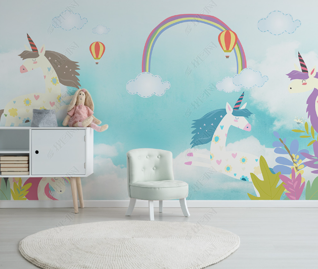 3D Cartoon Animal Unicorn Rainbow Wall Mural Wallpaper Lqh 21