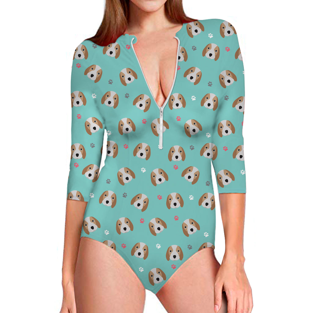 Adorable Beagle Puppy Pattern Print Long Sleeve One Piece Swimsuit