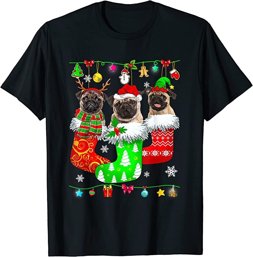 Pug Christmas Socks Pajama Pug Dog Puppy Lover Reindeer T-Shirt