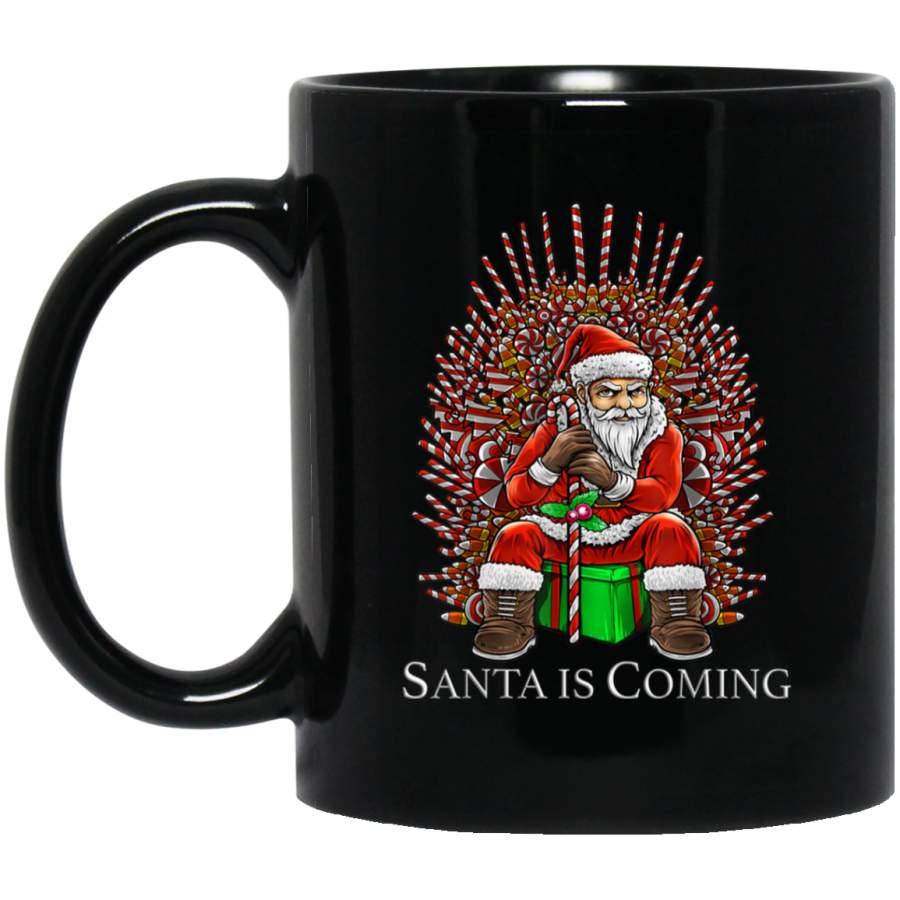 Santa Is Coming Candy Cane Throne Funny Christmas Parody Black Mug