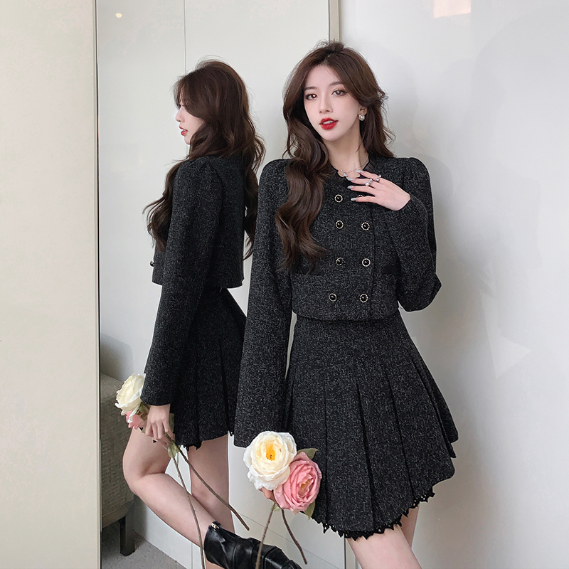 Autumn New 2022 Women Outfits Temperament Small Fragrance Short Jacket + High Waist Pleated Mini Skirt Two Piece Set alx