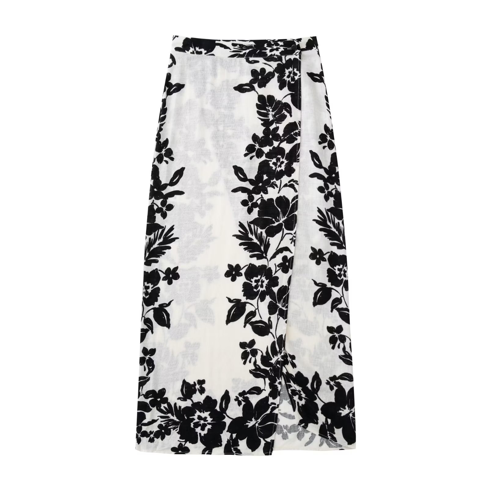 2022 New Women Elegant Chic Flower Printed Midi Skirt Vintage Side Button High Waist Hem Slit Casual Office Ladies Skirts alx