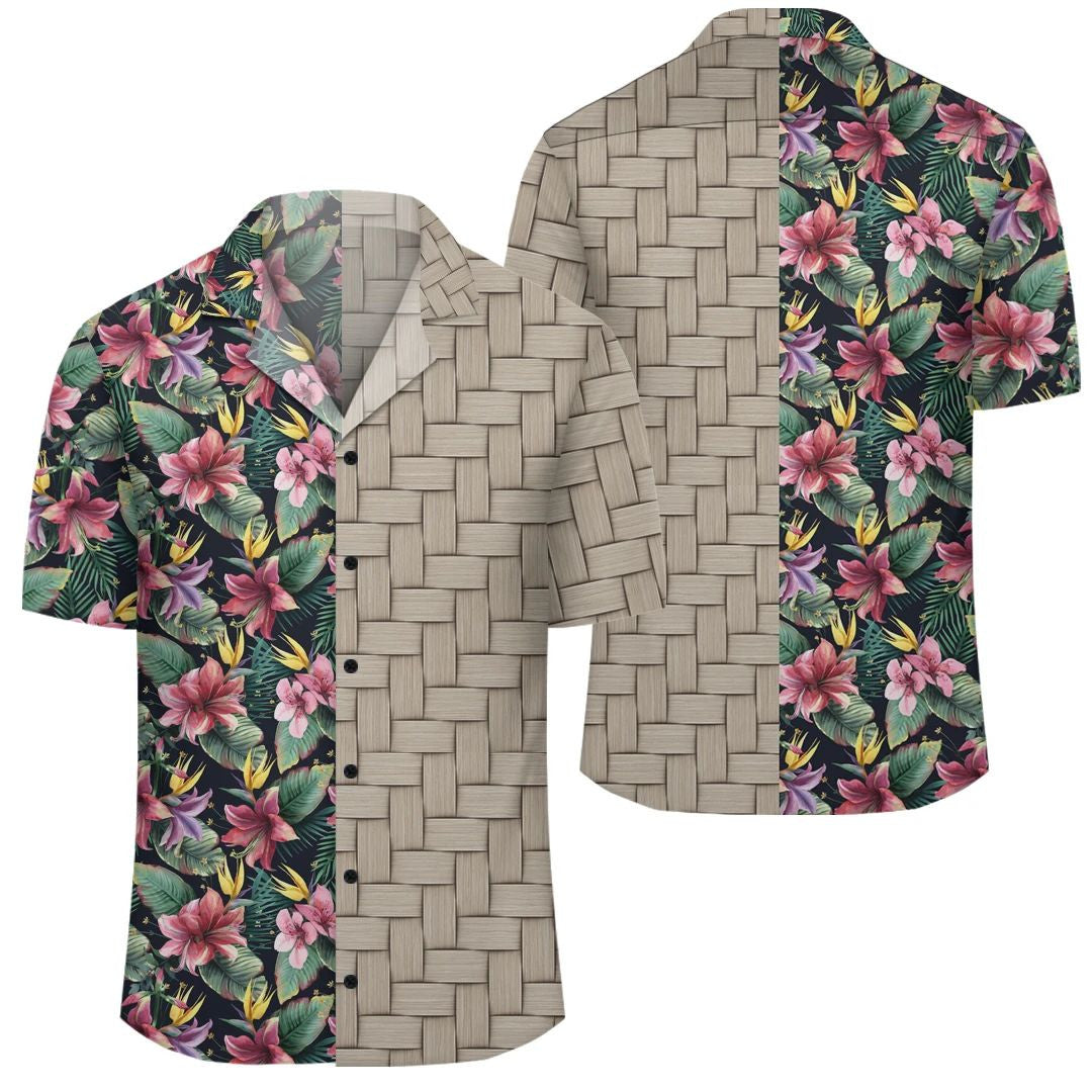 Tropical Flowers Palm And Leaves Lauhala Moiety Hawaiian Shirt